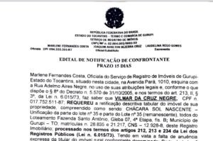 Cartório de Gurupi divulga edital e concede 15 dias para manifestação de confrontantes