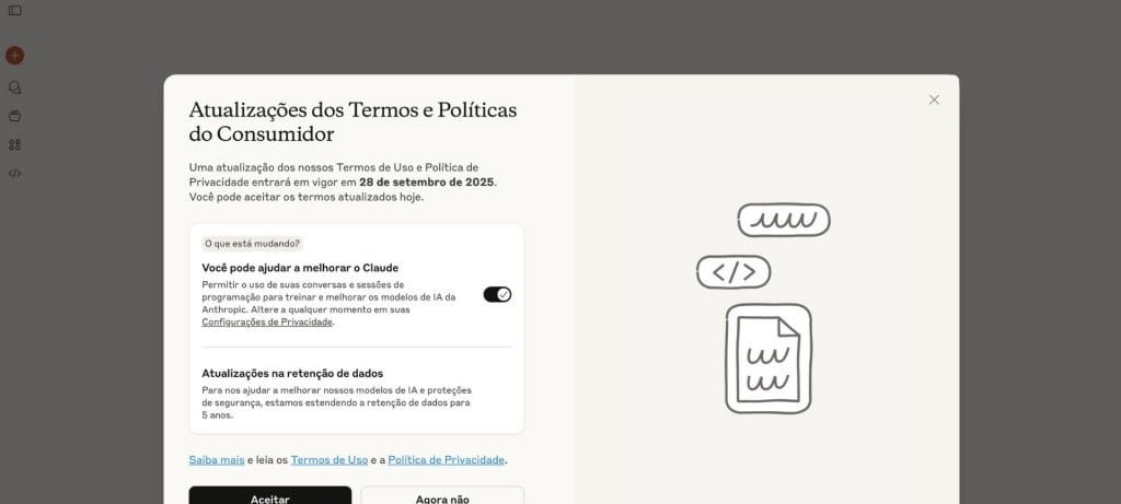Anthropic dá até 28 de setembro para usuários decidirem se conversas com o Claude poderão treinar a IA - Imagem do artigo original