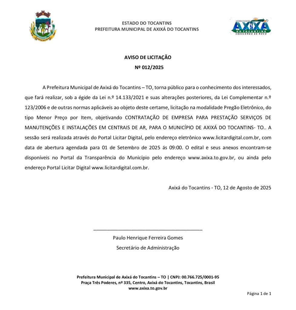 Prefeitura de Axixá do Tocantins publica Aviso de Licitação nº 012/2025 - Imagem do artigo original