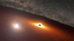 Imagem inédita expõe jato de plasma deformado em galáxia com dois buracos negros gigantes