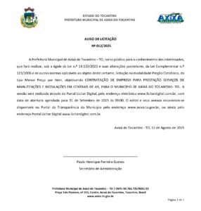 Prefeitura de Axixá do Tocantins publica Aviso de Licitação nº 012/2025