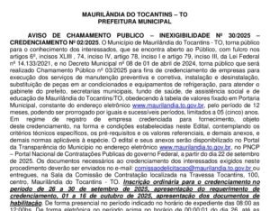 Maurilândia do Tocantins publica aviso de chamamento público para credenciamento
