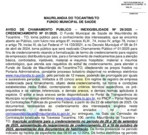 Fundo Municipal de Saúde de Maurilândia do Tocantins divulga aviso de chamamento público