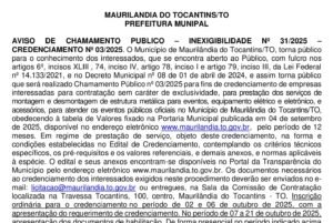 Prefeitura de Maurilândia do Tocantins divulga chamamento público para credenciamento