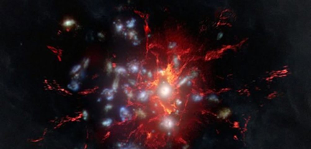 Aglomerado SPT2349-56 exibe gás 5 vezes mais quente que o previsto e desafia modelos do Universo inicial - Imagem do artigo original