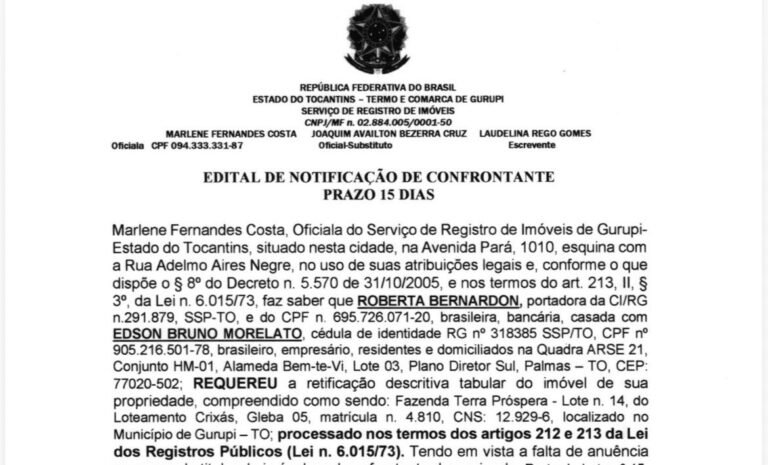 Cartório de Gurupi publica edital de notificação sobre retificação de imóvel