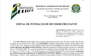 Cartório de Dueré publica edital para intimar casal devedores fiduciantes a pedido do Sicredi União MS/TO