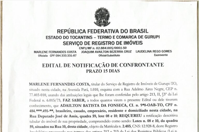 Cartório de Gurupi abre prazo de 15 dias para manifestação sobre retificação de imóvel